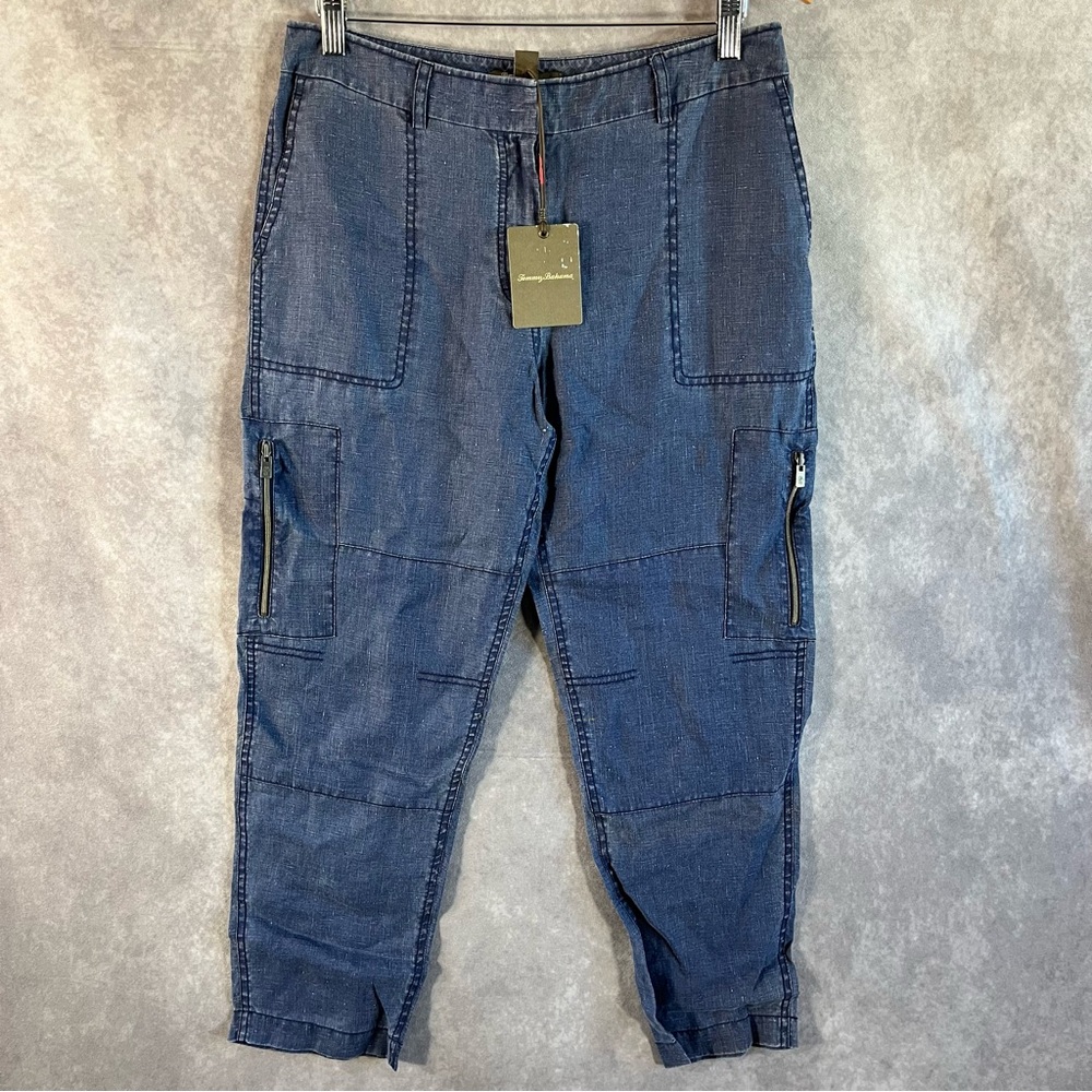 Tommy Bahama Cargo Pants‎ Women 6 Blue 100% Linen Drawstring Crop Beach Summer
